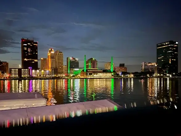 Nighttime city view from a cross the river of downtown Toledo, Ohio